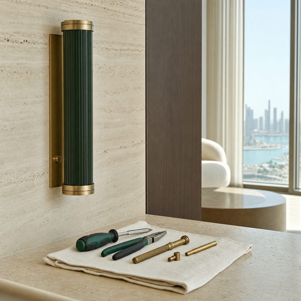 Handyman mounting a fixture in a Dubai apartment (illustrative)